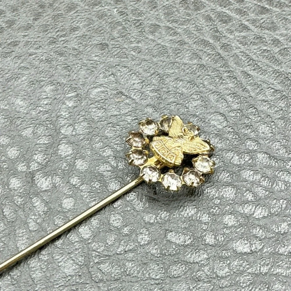 Vintage FOE Fraternal Order of Eagles Rhinestone‎ Gold Tone Stick Pin 2.5 Inch